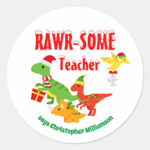 Christmas Teacher Appreciation Kids Dinosaur White Classic Round Sticker