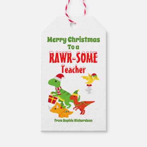 Christmas Teacher Appreciation Kids Dinosaur White Gift Tags