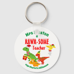 Christmas Teacher Appreciation Kids Dinosaur White Keychain