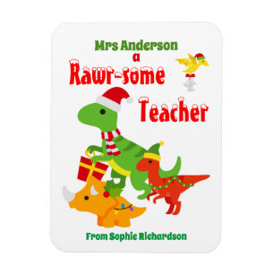 Christmas Teacher Appreciation Kids Dinosaur White Magnet