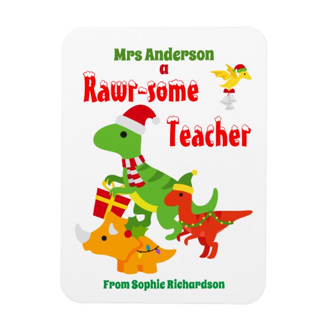 Christmas Teacher Appreciation Kids Dinosaur White Magnet (Vertical)