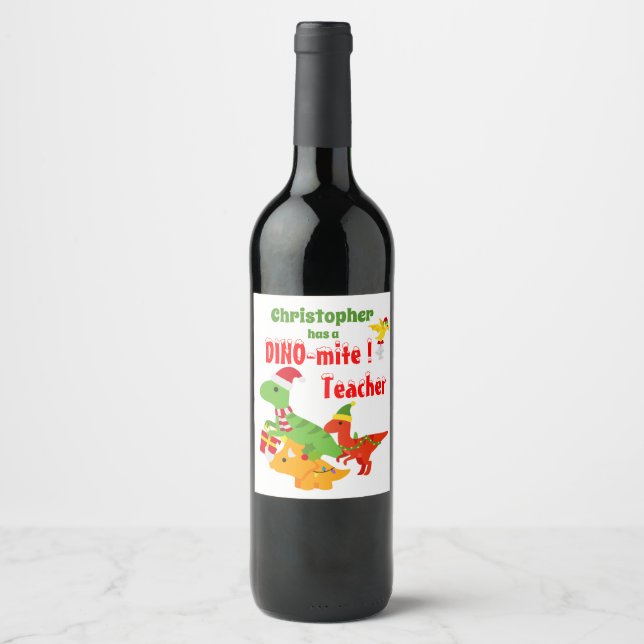 Christmas Teacher Appreciation Kids Dinosaur white Wine Label (Front)