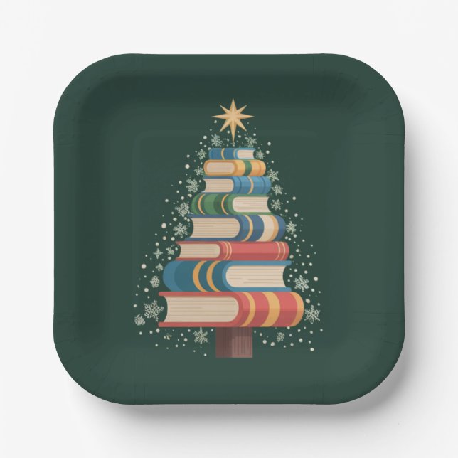 Christmas Teacher Books Tree Xmas Reading Holiday Paper Plates (Front)
