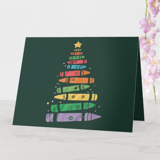 Christmas Teacher Crayon Tree Cute Xmas Lights  Card (Orchid)