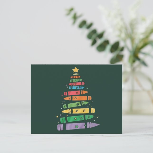 Christmas Teacher Crayon Tree Cute Xmas Lights  Holiday Postcard (Standing Front)
