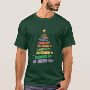 Christmas Teacher Crayon Tree Cute Xmas Lights T-Shirt
