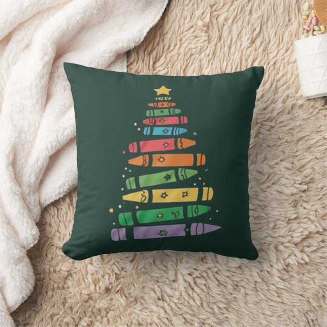 Christmas Teacher Crayon Tree Cute Xmas Lights  Throw Pillow (Blanket)