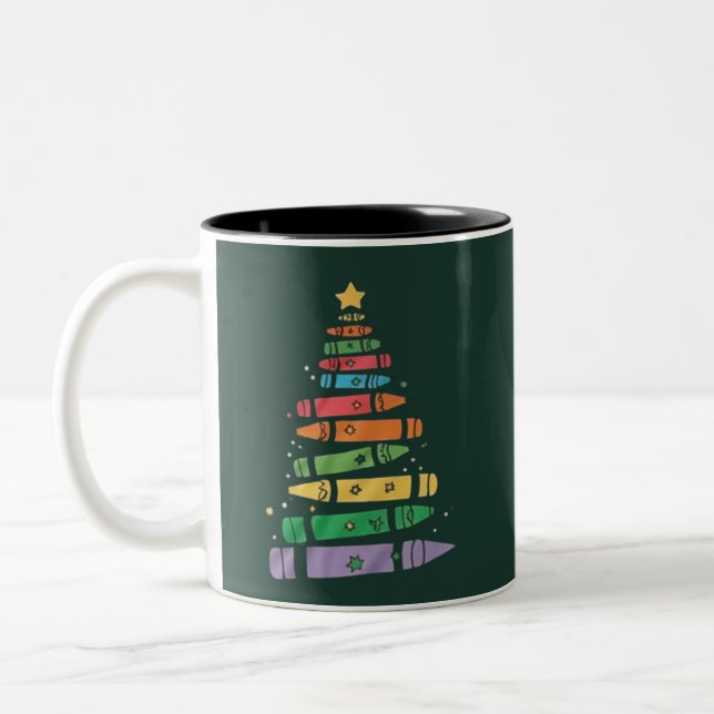 Christmas Teacher Crayon Tree Cute Xmas Lights  Two-Tone Coffee Mug (Left)
