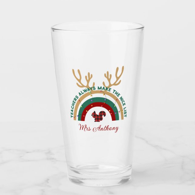 Christmas teacher rainbow nice list cute gift glass (Front)