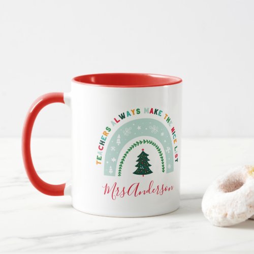 Christmas teacher rainbow nice list cute gift mug