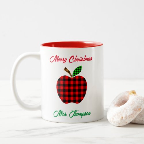 Christmas Teacher Red Plaid Apple Custom Name Two_Tone Coffee Mug