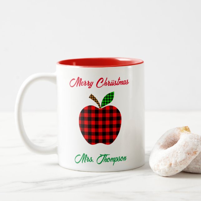 Christmas Teacher Red Plaid Apple Custom Name Two-Tone Coffee Mug (With Donut)