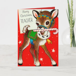 Christmas Teacher Reindeer vintage retro card