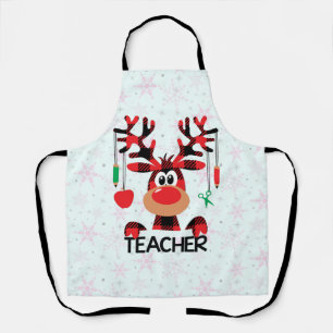 Christmas Teacher with Red Plaid Reindeer Apron