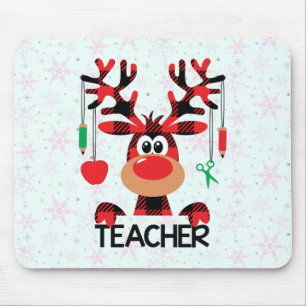Christmas Teacher with Red Plaid Reindeer Mouse Pad