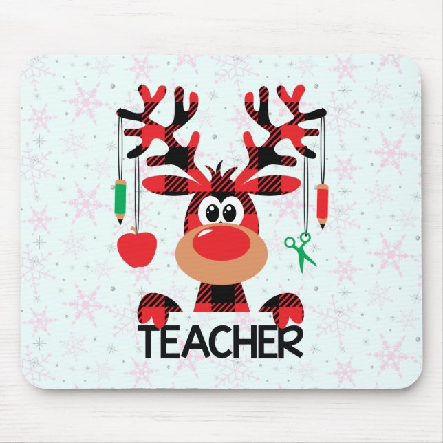 Christmas Teacher with Red Plaid Reindeer Mouse Pad (Front)