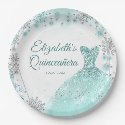 Christmas Teal and Silver Quinceaera Snowflake Paper Plates