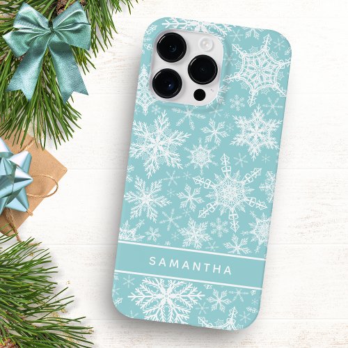 Christmas Teal and White Snowflakes Monogrammed Case_Mate iPhone 14 Pro Max Case