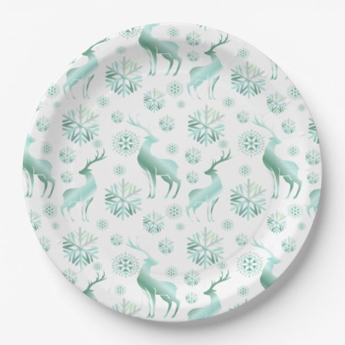 Christmas Teal Metallic Snowflakes and Reindeers Paper Plates