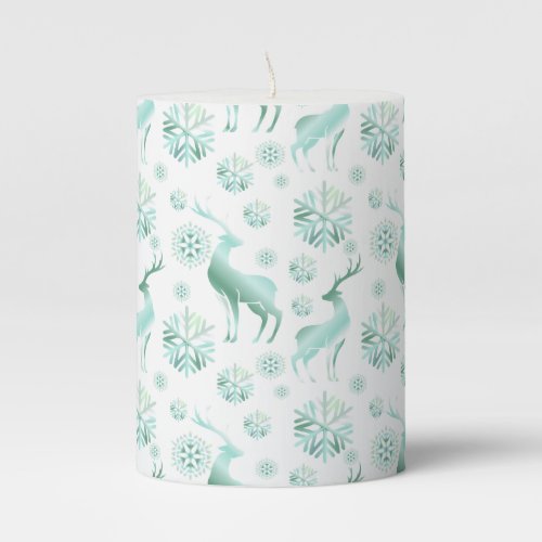 Christmas Teal Metallic Snowflakes and Reindeers Pillar Candle