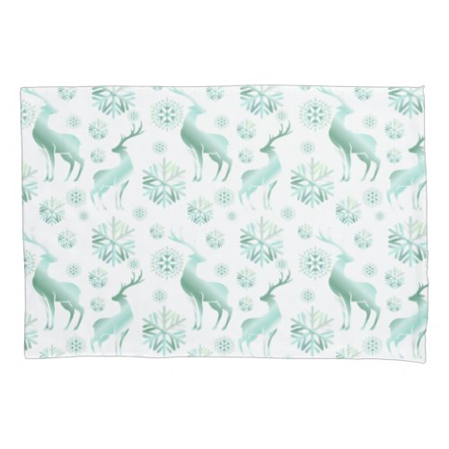 Christmas Teal Metallic Snowflakes and Reindeers Pillow Case