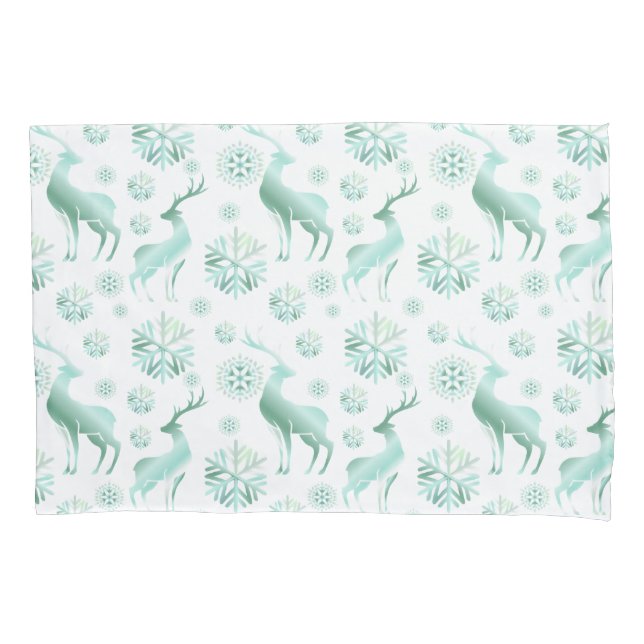 Christmas Teal Metallic Snowflakes and Reindeers Pillow Case (Front)