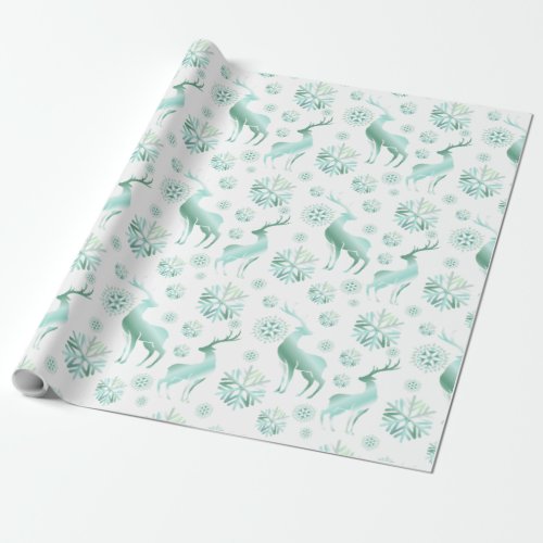 Christmas Teal Metallic Snowflakes and Reindeers Wrapping Paper