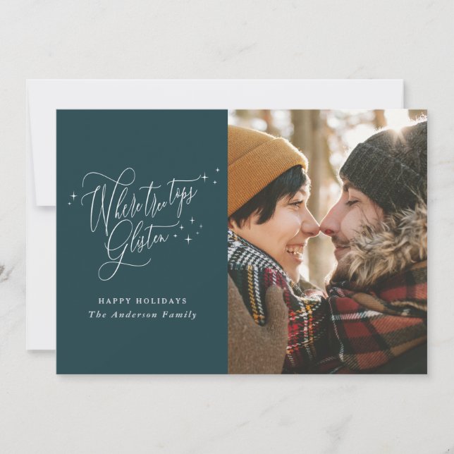 Christmas teal modern script winter forest photo holiday card (Front)