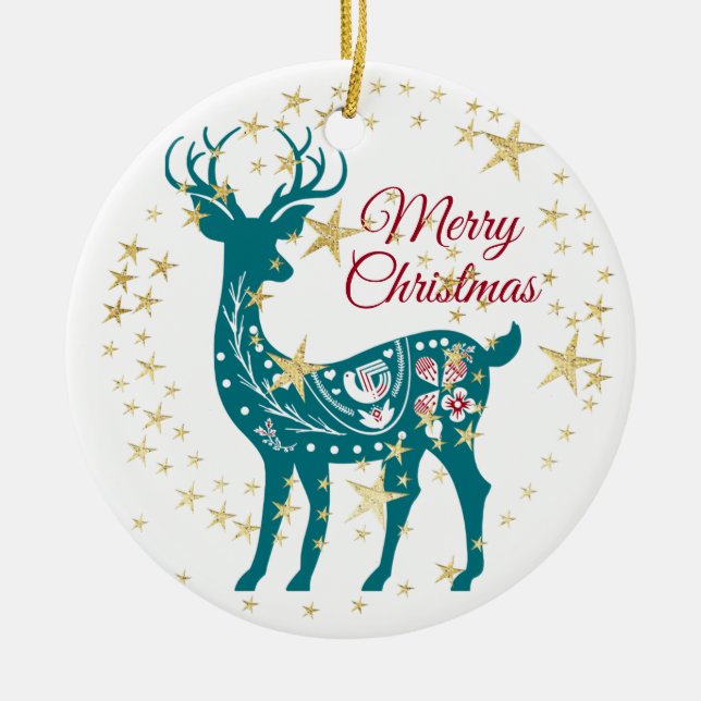 Christmas Teal Reindeer Golden Stars Elegant Ceram Ceramic Ornament (Front)