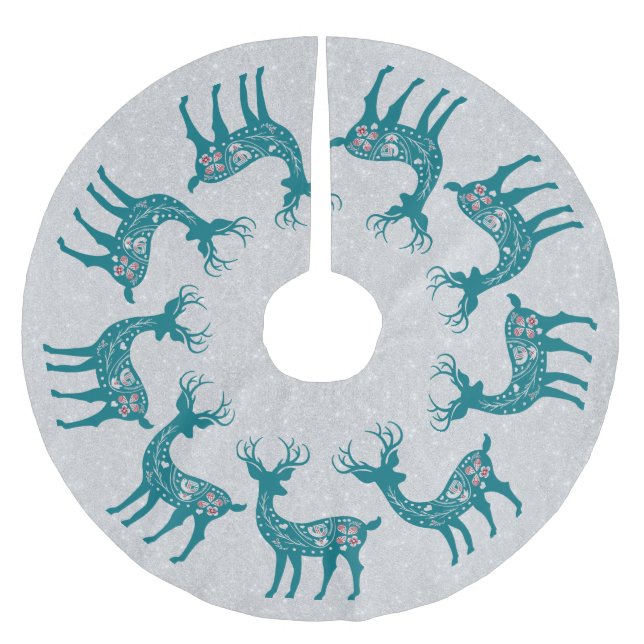 Christmas Teal Reindeer Pattern Silver Glitter Brushed Polyester Tree Skirt (Front)