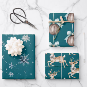 Christmas Teal Snowflakes Deer Coconut Wrapping Paper Sheets