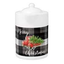 Christmas Teapot Red XMAS Truck Plaid White