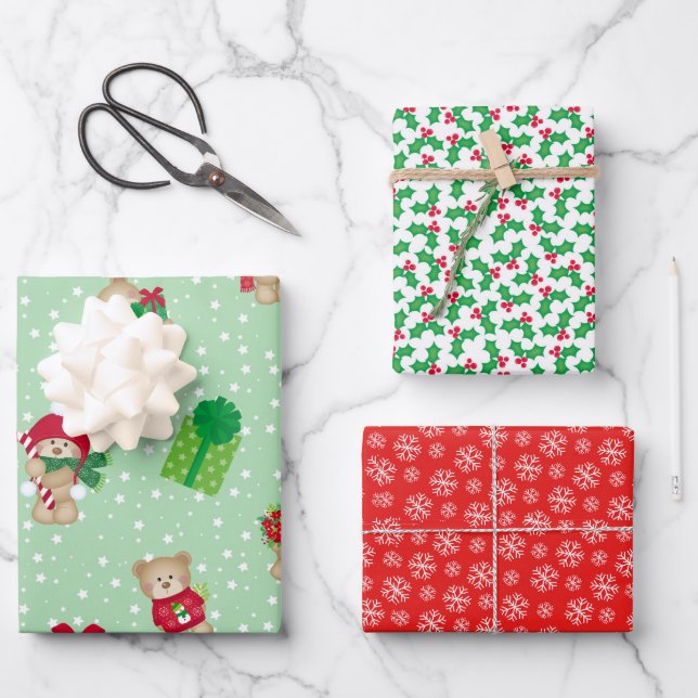 Christmas Teddies, Holly Berries, Snowflakes Set Wrapping Paper Sheets (Front)