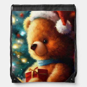 Christmas Teddy Bear 3 Drawstring Bag
