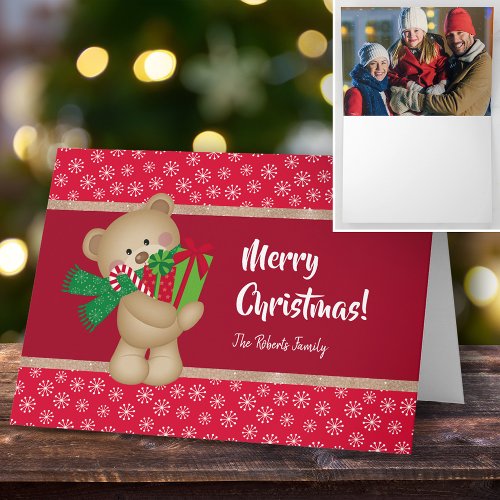 Christmas Teddy Bear and Family Photo Red Card