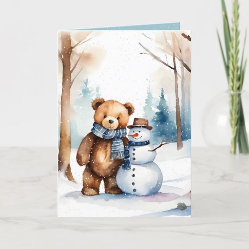 Christmas Teddy Bear And Snowman Holiday Card