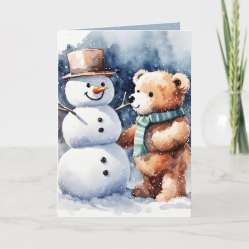 Christmas Teddy Bear And Snowman Holiday Card