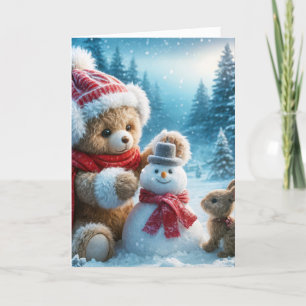Christmas Teddy Bear Building a Snowman Holiday Card