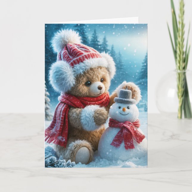 Christmas Teddy Bear Building a Snowman Holiday Card (Front)