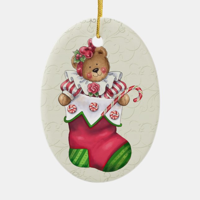 Christmas Teddy Bear Ceramic Ornament (Front)