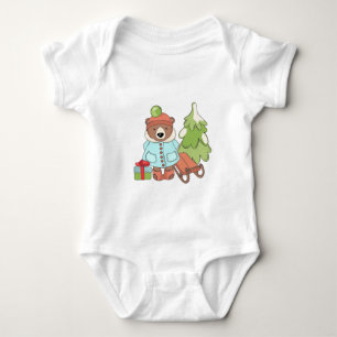 Christmas Teddy Bear Couple with Gift   Baby Bodysuit
