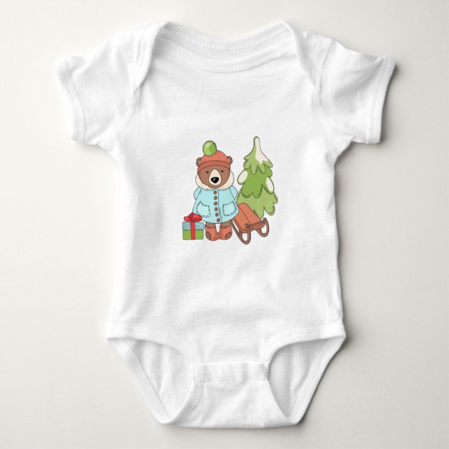 Christmas Teddy Bear Couple with Gift   Baby Bodysuit (Front)