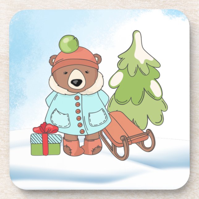 Christmas Teddy Bear Couple with Gift     Beverage Coaster (Front)