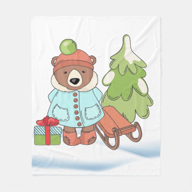 Christmas Teddy Bear Couple with Gift      Fleece Blanket (Front)
