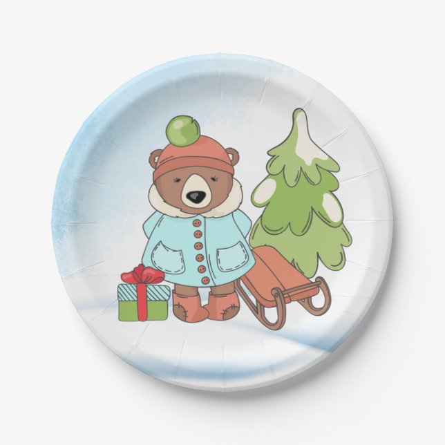 Christmas Teddy Bear Couple with Gift     Paper Plates (Front)