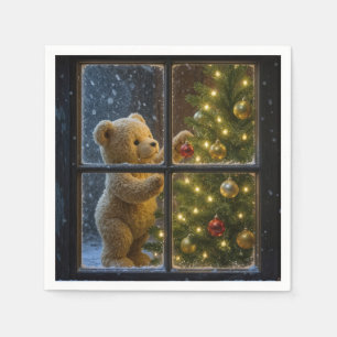 Christmas Teddy Bear Decorating a Tree Napkins
