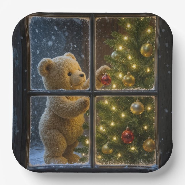 Christmas Teddy Bear Decorating a Tree Paper Plates (Front)