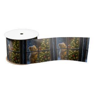 Christmas Teddy Bear Decorating a Tree Satin Ribbon