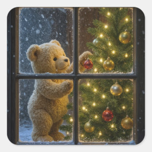 Christmas Teddy Bear Decorating a Tree Square Sticker