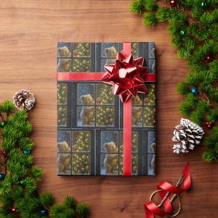 Christmas Teddy Bear Decorating a Tree Wrapping Paper